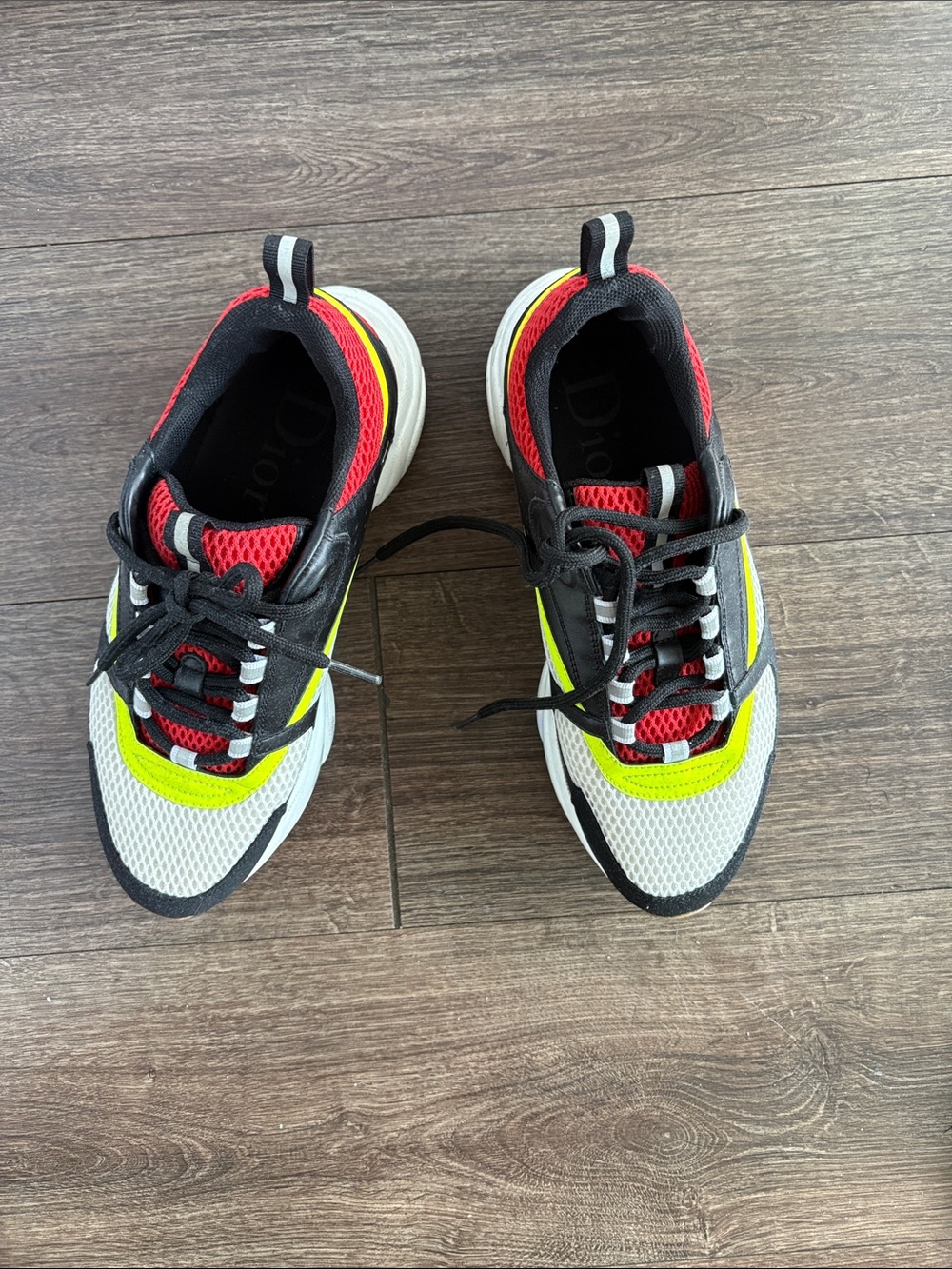 Dior Mens White Mesh Sneakers with Red and Neon Yellow Accents